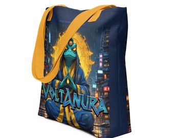Tote Bag with Meditating Frog Graphic, Durable Cotton Handles, 15"x15"