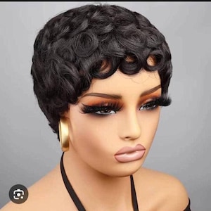 Peluca de cabello humano 100% corte pixie, peluca corta negra, estilo ideal para principiantes.