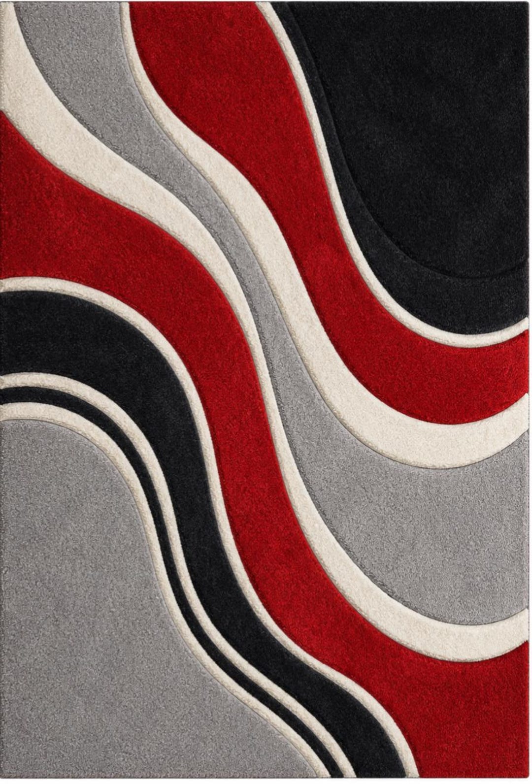 Modern Abstract Red Black Grey Cream Wave Rug, Contemporary Geometric ...