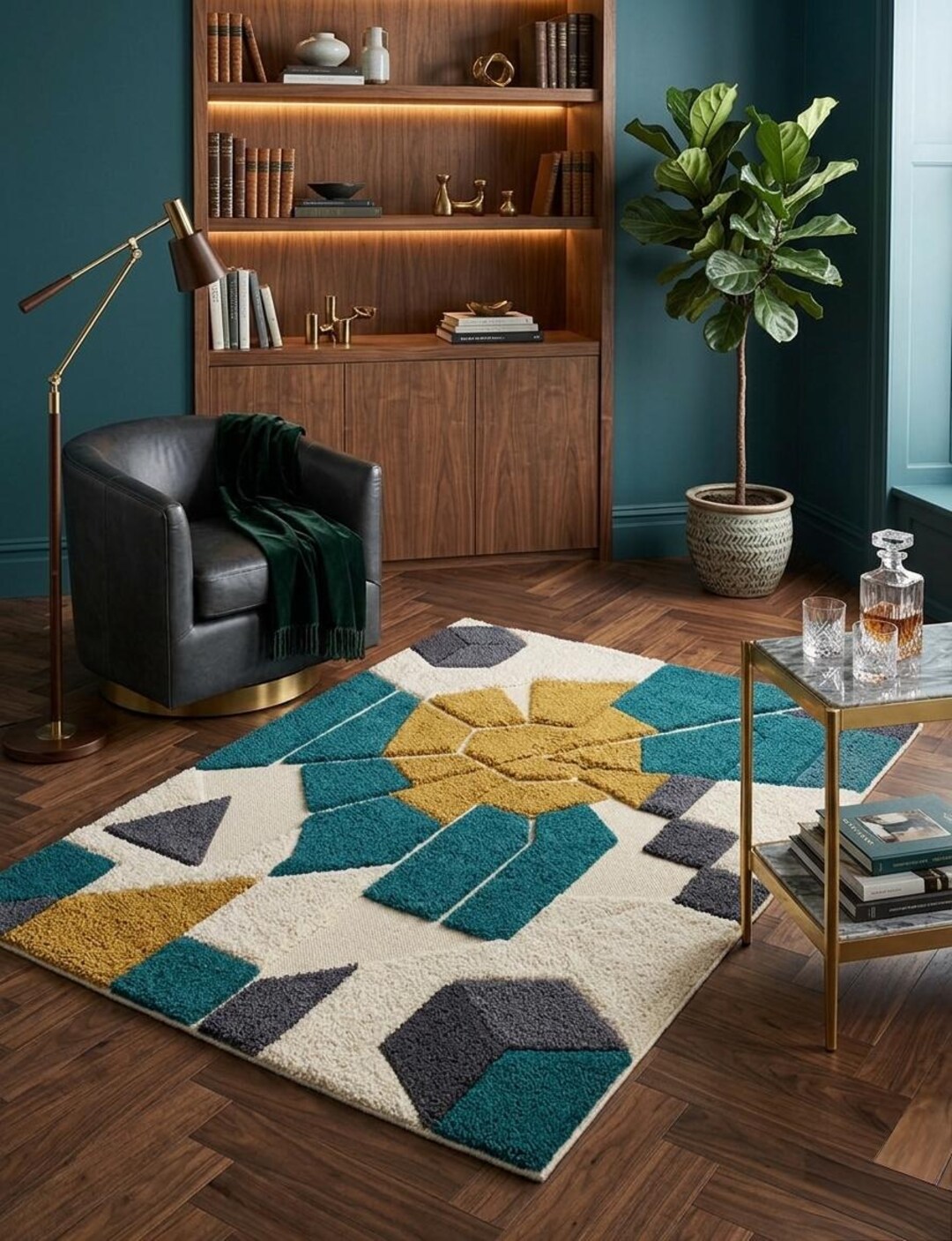 Modern Geometric Hand-tufted Area Rug | 3D Embossed Teal & Mustard ...