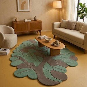 Modern Leaf-Shaped Tufted Rug in Minimalist Living Room