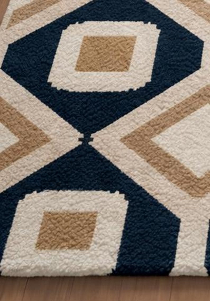 Modern Geometric Area Rug, Navy Blue Diamond Carpet, Hand-tufted Wool ...