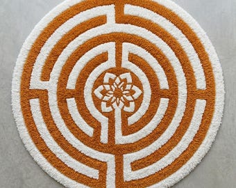 Modern Geometric Maze Round Area Rug – Terracotta & Cream Hand-Tufted Carpet