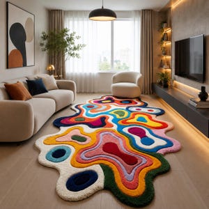 Könnte beinhalten: Ein farbenfroher, abstrakter Teppich mit einem einzigartigen, fließenden Design. Der Teppich weist eine Vielzahl von Farben auf, darunter Blau, Gelb, Rosa und Grün, und bildet einen Blickfang in einem Wohnzimmer.