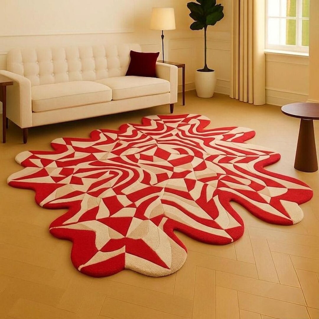 Modern Abstract Red & Cream Irregular Shape Rug | Luxury Artistic ...