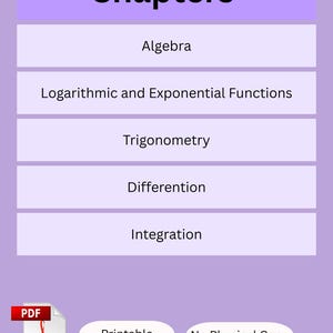 May include: A digital document with the title "Chapters" in large, bold, black text. The document lists mathematical topics: Algebra, Logarithmic and Exponential Functions, Trigonometry, Differentiation, and Integration. Includes a PDF icon and the words "Printable" and "No Physical Copy."