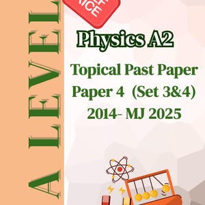 May include: A LEVEL Physics A2 topical past paper for Paper 4 (Set 3&4) from 2014 to MJ 2025. The cover features a red tag with "HALF PRICE" text, along with illustrations of an atom, a Newton's cradle, and a horseshoe magnet.