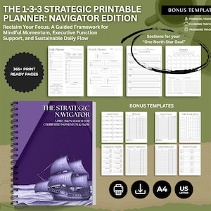 May include: A printable planner titled "The 1-3-3 Strategic Printable Planner: Navigator Edition." The cover is purple with a ship illustration. Includes daily and weekly planner pages, bonus templates, and the text "365+ Print Ready Pages."
