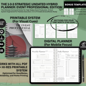 May include: A digital and printable planner with the text "THE EVENT PROFESSIONAL." The planner includes a weekly and daily planner, bonus templates, and is optimized for GoodNotes, Notability, and home printing. The planner is designed for high-stakes event production.