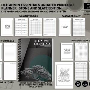 May include: A printable planner with the text "LIFE-ADMIN ESSENTIALS" and various sections for home management, including a wealth tracker, password vault, and home ops tracker. The design is in black and white with a tree graphic.