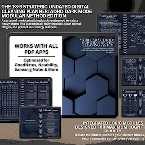 Könnte beinhalten: Ein digitaler Reinigungsplaner im Dunkelmodus, entworfen für ADHS, mit dem Text "The 1-3-3 Strategic Undated Digital Cleaning Planner". Der Planer enthält anpassbare Module und ist für GoodNotes, Notability und Samsung Notes optimiert.