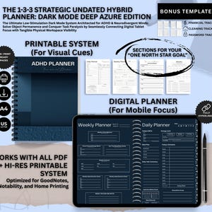 Pode incluir: Um planejador digital e imprimível em azul escuro. A imagem mostra um tablet exibindo um layout de planejador diário, um caderno espiralado e modelos de bônus. O texto inclui "ADHD Planner" e "Digital Planner (For Mobile Focus)".