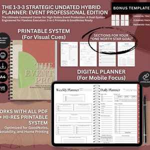 May include: A hybrid planner with the text "THE 1-3-3 STRATEGIC UNDATED HYBRID PLANNER: EVENT PROFESSIONAL EDITION." The image shows a printed planner and a digital planner on a tablet. The planner includes bonus templates and is optimized for GoodNotes.