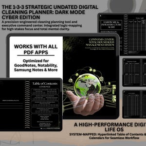Könnte beinhalten: Ein digitaler Reinigungsplaner im Dark Mode mit einem schwarzen und goldenen Design. Der Planer enthält ein Inhaltsverzeichnis, einen Hardware- und Infrastruktur-Audit sowie ein Kommandozentrum für die Haushaltsführung. Der Text auf dem Planer lautet "Funktioniert mit allen PDF-Apps."