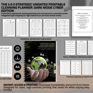 Può includere: Un'agenda nera a spirale intitolata "The 1-3-3 Strategic Undated Printable Cleaning Planner: Dark Mode Cyber Edition". La copertina presenta una mano che tiene un globo luminoso. Pagine aggiuntive con liste di controllo e tabelle.