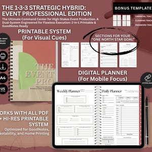May include: A digital planner and printable system for event professionals. The image shows a tablet displaying a digital planner and a spiral-bound notebook. The text reads "The 1-3-3 Strategic Hybrid: Event Professional Edition."