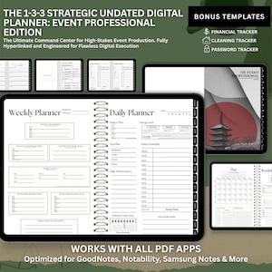 May include: A digital planner with a black cover, featuring weekly and daily planning pages. The planner includes bonus templates for financial tracking, cleaning, and password management. The text reads "The 1-3-3 Strategic Undated Digital Planner: Event Professional Edition."