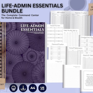 May include: A spiral-bound planner titled "LIFE-ADMIN ESSENTIALS BUNDLE" with a purple umbrella design. The planner includes various trackers for bills, expenses, and maintenance. Additional text includes "Quick-Fill PDF Lifetime Access" and "Instant Strategic Reset System."