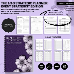 May include: A purple spiral-bound planner with the text "PREMIER EVENT STRATEGIST" and floral accents. The image includes templates, a calendar, and the text "THE 1-3-3 STRATEGIC PLANNER: EVENT STRATEGIST EDITION".