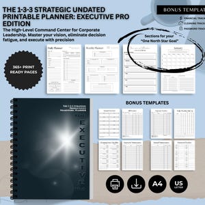 May include: A dark blue spiral-bound planner with the text "THE EXECUTIVE PRO" and "THE 1-3-3 STRATEGIC UNDATED PRINTABLE PLANNER" in white. The image includes bonus templates, a calendar, and the text "365+ PRINT READY PAGES".