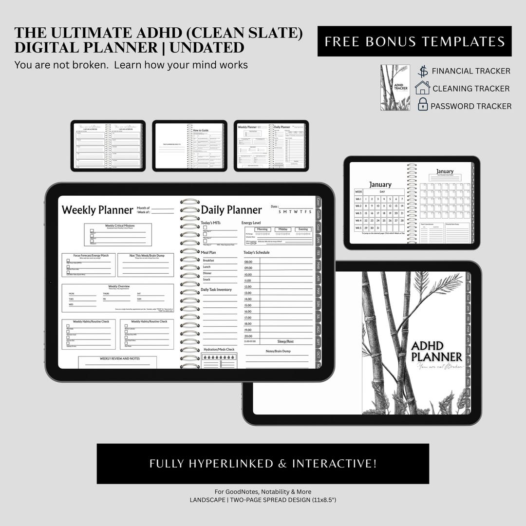 ADHD Digital Planner 2026, Undated Minimalist Goodnotes, Daily Weekly ...
