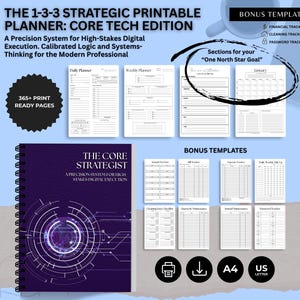 Könnte beinhalten: Ein digitaler Planer mit lila Einband und Spiralbindung. Der Planer enthält Vorlagen für die tägliche, wöchentliche und monatliche Planung sowie Bonusvorlagen. Der Text lautet "The 1-3-3 Strategic Printable Planner: Core Tech Edition."