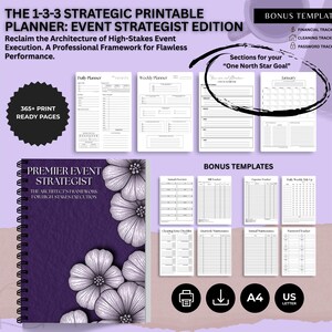 May include: A purple event planner notebook with a spiral binding, featuring a floral design and the text "Premier Event Strategist." The image also includes printable planner templates and the text "The 1-3-3 Strategic Printable Planner: Event Strategist Edition."