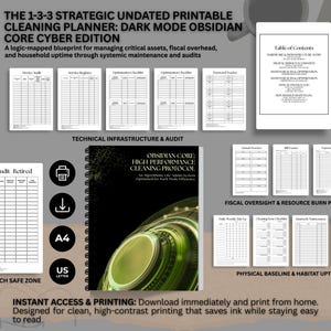Op de afbeelding: Een afdrukbare schoonmaakplanner in donkere modus, met een spiraalgebonden notitieboek met de titel "Obsidian Core High Performance Cleaning Protocol". De planner bevat checklists en formulieren voor het beheer van activa en overhead.