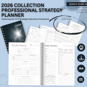May include: A professional strategy planner from the 2026 collection. The planner features a 1-3-3 strategic execution framework. Includes weekly and daily planner pages, bonus templates, and a spiral binding. The cover reads "EXECU".