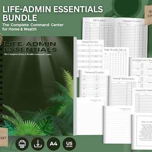 Puede incluir: Un planificador encuadernado en espiral "LIFE-ADMIN ESSENTIALS BUNDLE" con una cubierta verde oscuro y un diseño de hojas tropicales. El planificador incluye varios rastreadores y listas de verificación, como un rastreador de facturas, un rastreador de gastos y un rastreador de contraseñas. El texto "Quick-Fill PDF Lifetime Access" es visible.