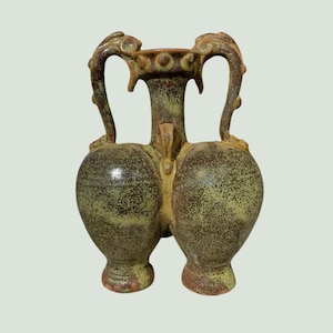 Handmade Ceramic Vase, Antique Chinese Double Handle Vase, Green Glazed Art, Japandi Wabi Sabi Statement Home Decor