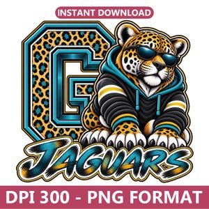 May include: A digital graphic featuring a leopard wearing black sunglasses and a black hoodie with teal and yellow accents. Behind the leopard is a large letter G with a leopard print pattern. The text JAGUARS appears below in a stylized font.