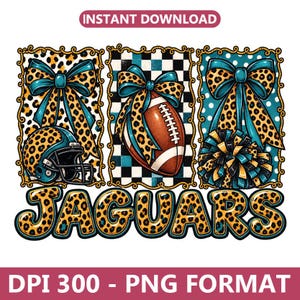 Op de afbeelding: Een digitale afbeelding met drie rechthoekige kaders met luipaardprint en blauwgroene accenten. Het ontwerp bevat een footballhelm, een football en een pompon, elk versierd met strikken. Het woord JAGUARS is geschreven in grote letters met luipaardprint.