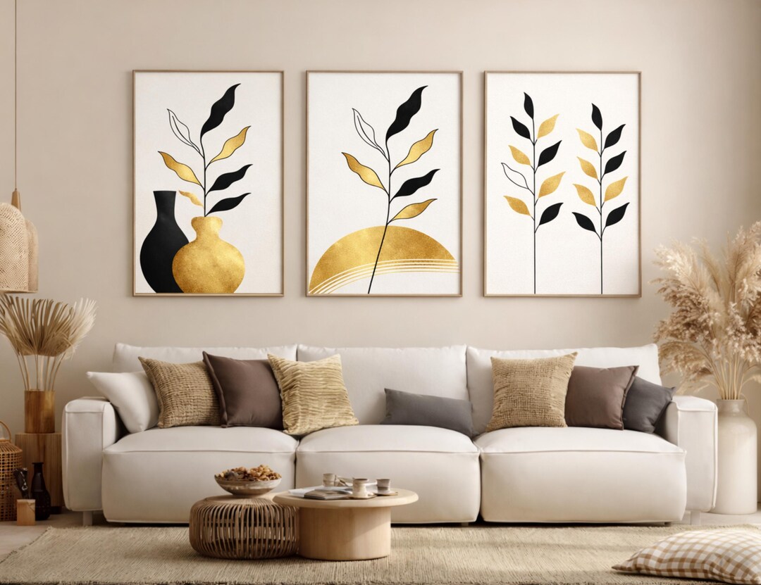 Botanical Gold Black Printable Wall Art Set of 3 ,abstract Leaf Prints ...