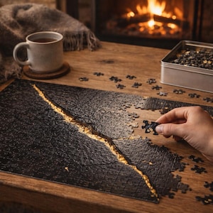 Könnte beinhalten: Ein teilweise fertiggestelltes schwarzes Puzzle mit einem goldenen Riss-Design auf einem Holztisch. Eine Hand legt ein Puzzleteil ein. Eine Tasse Tee und eine Metallbox mit Puzzleteilen befinden sich ebenfalls auf dem Tisch.
