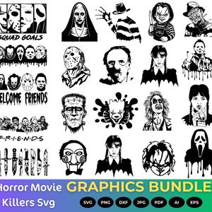 Puede incluir: Una colección de gráficos de películas de terror en blanco y negro, que incluyen personajes icónicos y frases como "Squad Goals" y "Welcome Friends". La imagen también incluye el texto "Horror Movie Graphics Bundle" y "Killers Svg."