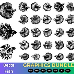 Pode incluir: Uma coleção de ilustrações em preto e branco de peixes Betta em várias poses. A imagem inclui o texto "Betta Fish" e "Graphics Bundle" com ícones de tipo de arquivo. Ideal para projetos de arte digital.