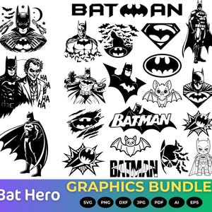 以下が含まれることがあります： 黒と白のバットマンをテーマにしたグラフィックのコレクション。画像には、さまざまなバットマンのロゴ、キャラクターのイラスト、さまざまなフォントの「バットマン」という単語が含まれています。「GRAPHICS BUNDLE」というフレーズも含まれています。