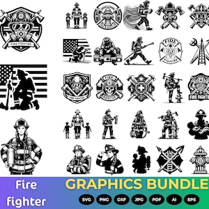 May include: A selection of black and white firefighter graphics. The images feature silhouettes of firefighters, emblems with axes and helmets, and the text "Fire Fighter" and "Fire & Rescue". The words "GRAPHICS BUNDLE" are also present.
