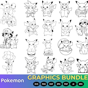 May include: A black and white graphics bundle featuring various Pokemon characters in different poses and outfits. The word "Pokemon" is at the bottom left, and "Graphics Bundle" is at the bottom right.