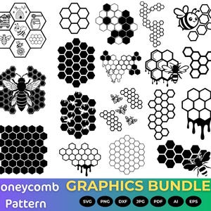 May include: A selection of black and white honeycomb graphics, featuring diverse honeycomb patterns, bees, and honey-themed illustrations. The image includes the text "Honeycomb GRAPHICS BUNDLE Pattern" and file type icons.