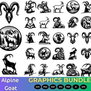 Puede incluir: Una colección de gráficos de cabras alpinas en blanco y negro. Las imágenes incluyen varias ilustraciones de cabras, como de pie, tumbadas y dentro de marcos circulares con diseños de montañas y árboles. El texto "Alpine Goat" está en la parte inferior.