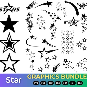 May include: A collection of black star graphics in various designs, including solid stars, outlined stars, and star clusters. Some designs include the word "STARS". The image also includes the text "GRAPHICS BUNDLE" and "Star".