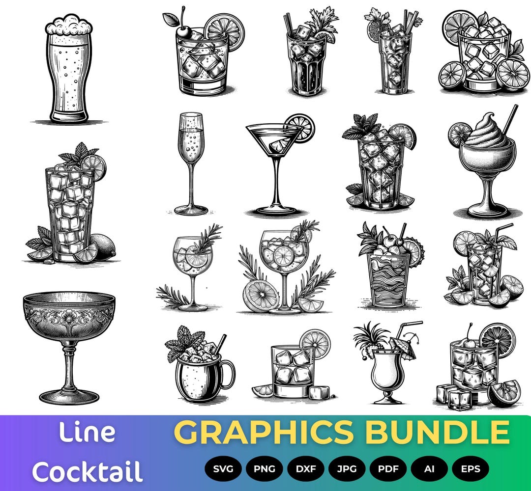 Minimalist Line Cocktail Graphics Bundle, Modern Drink Clipart, Elegant ...