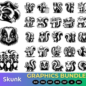 Peut inclure: Un ensemble de graphiques en noir et blanc avec des illustrations de moufettes dans diverses poses. Comprend une moufette portant un chapeau de pirate, des lunettes de soleil et tenant des fleurs. Le mot "Skunk" est en bas à gauche.