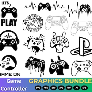 May include: A collection of black and white game controller graphics, including various designs and styles. Text includes "LET'S PLAY" and "GAME ON". The bottom banner reads "Game Graphics Bundle" and "Controller".