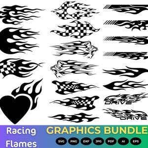 Puede incluir: Una colección de gráficos de carreras negros, que incluyen llamas, banderas a cuadros y un diseño de llama en forma de corazón. El texto "Racing Flames GRAPHICS BUNDLE" se muestra en la parte inferior, junto con iconos de tipo de archivo.