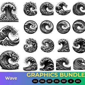 May include: A collection of black and white wave graphics in various styles. The designs include detailed illustrations of ocean waves, some in circular frames, and others with intricate patterns. The words "Wave" and "Graphics Bundle" are also present.