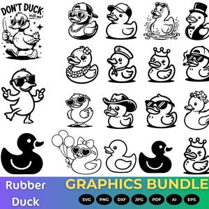 May include: A collection of black and white rubber duck graphics in various styles, including ducks wearing sunglasses, hats, and bow ties. The phrase "DON'T DUCK with me!" is included. The words "Rubber Duck GRAPHICS BUNDLE" are also present.