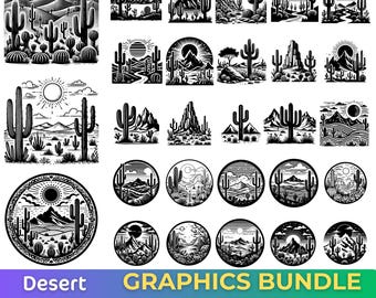 Desert Scene SVG Bundle, Boho Cactus Clipart, Minimalist Southwest Graphics (Digital Download)